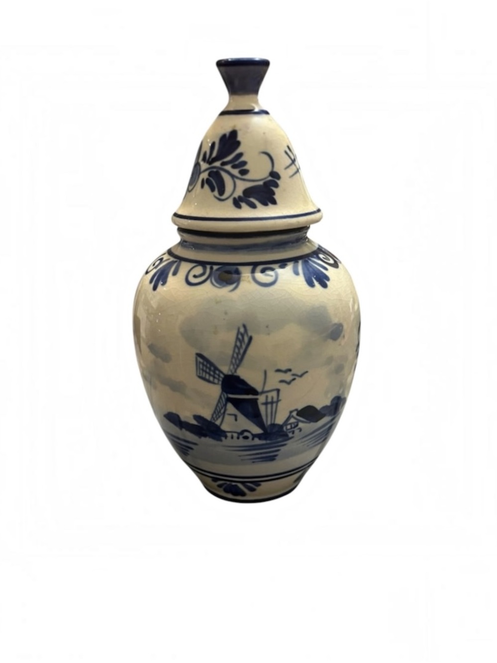 Delft Blue lidded ginger jar 6.5” tall
